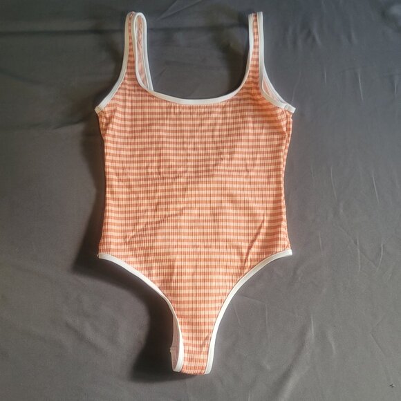 Rip Curl Swimsuit Womens M Brown Stripe Scoop Neck Open Back Beach Travel - Picture 1 of 11